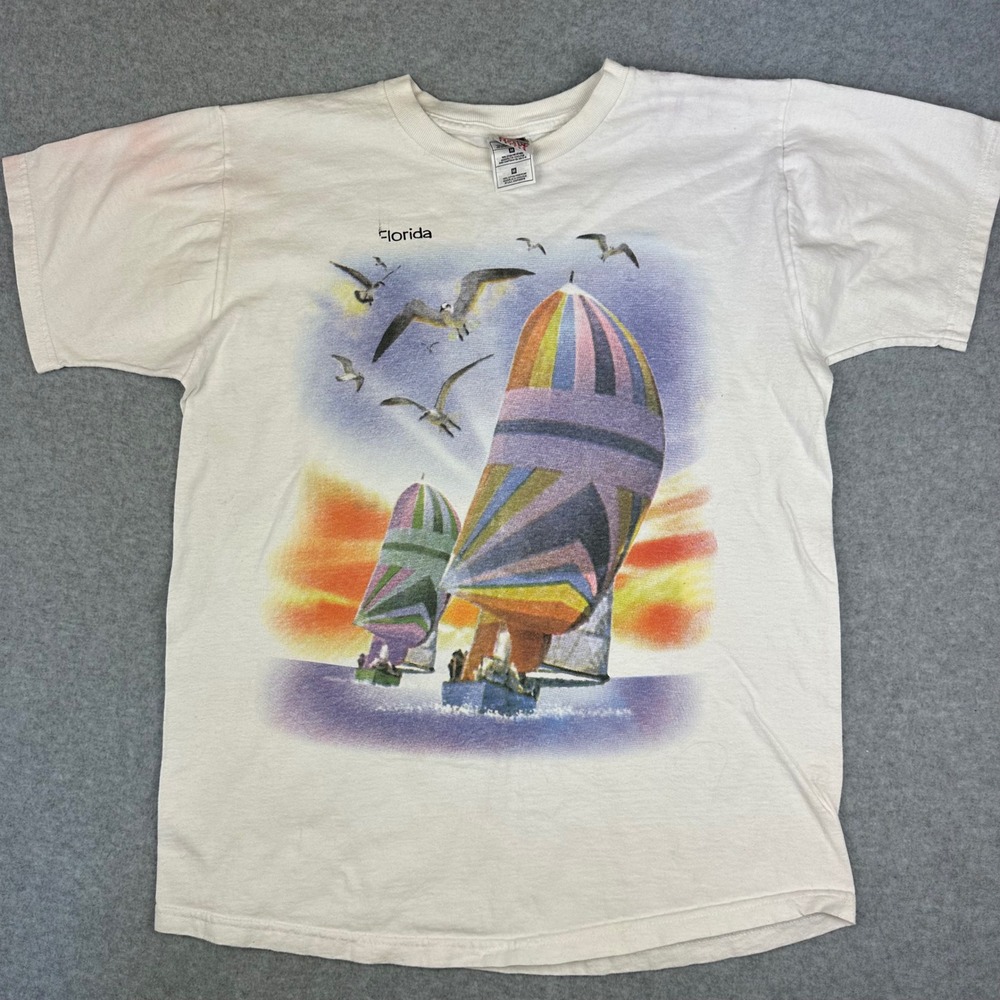 Vtg Fruit of‎ the Loom Florida Sailing Graphic T-Shirt White Mens Medium